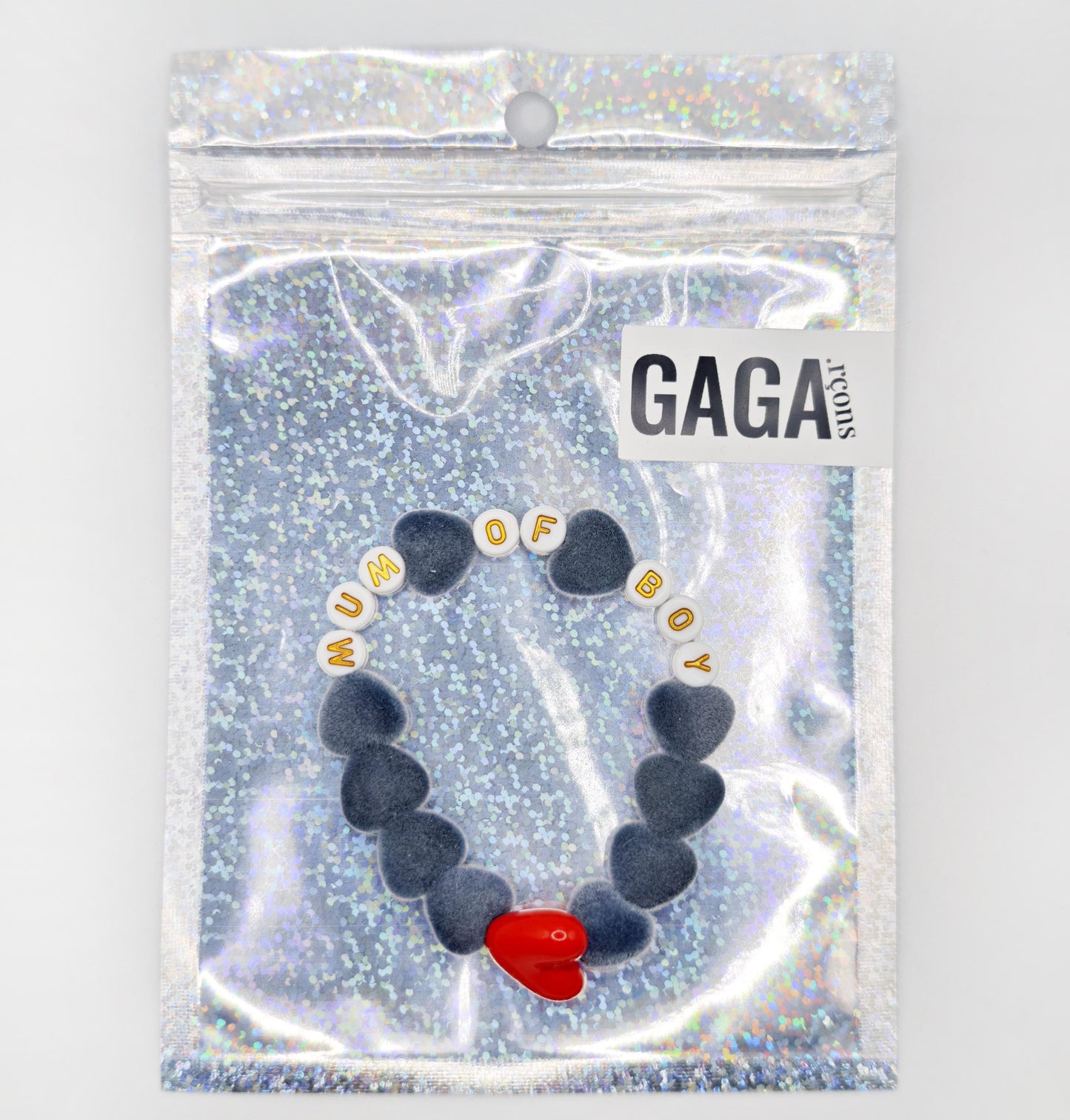 Bracelet GAGA - Velours Gris souris, Blanc doré & Maxi cœur Rouge