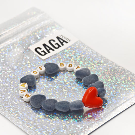 Bracelet GAGA - Velours Gris souris, Blanc doré & Maxi cœur Rouge