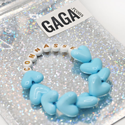 Bracelet GAGA - Full MAXI coeurs Bleu turquoise & Blanc doré