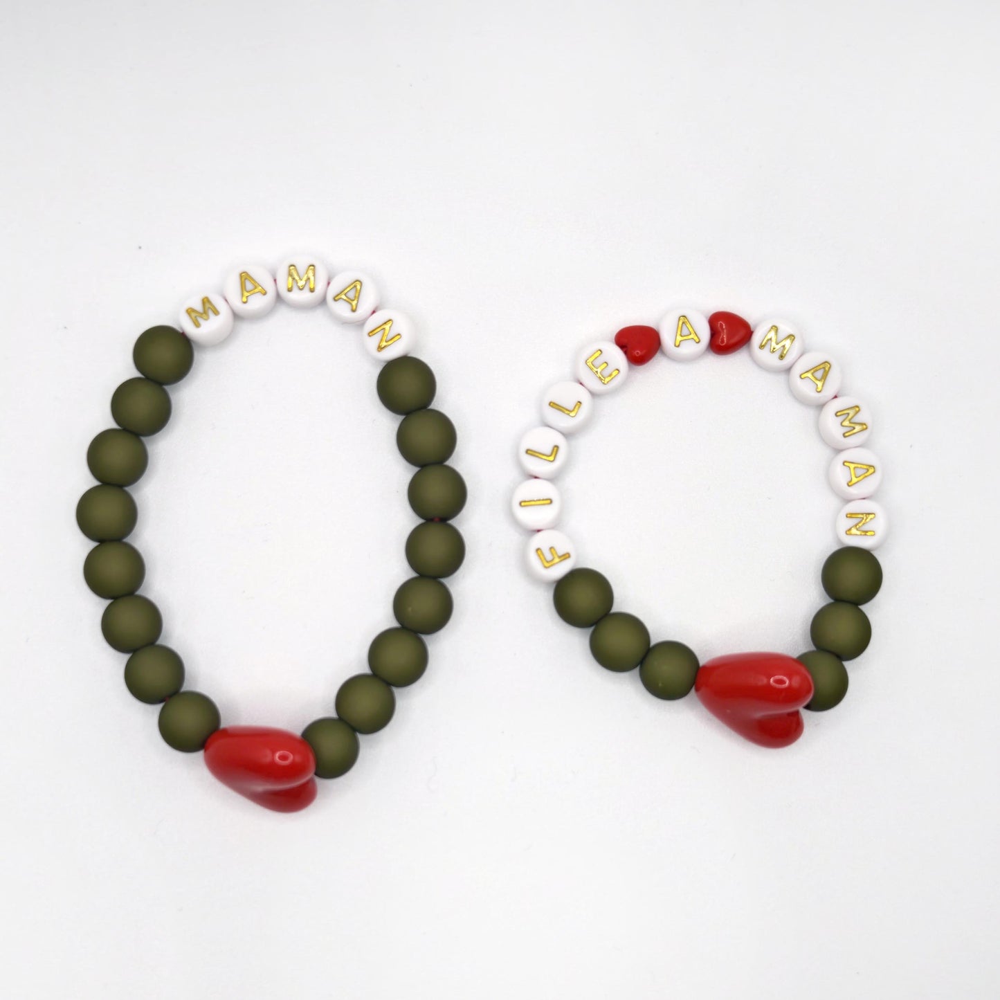 Bracelet GAGA - Kaki mat, Blanc doré & Maxi coeur Rouge