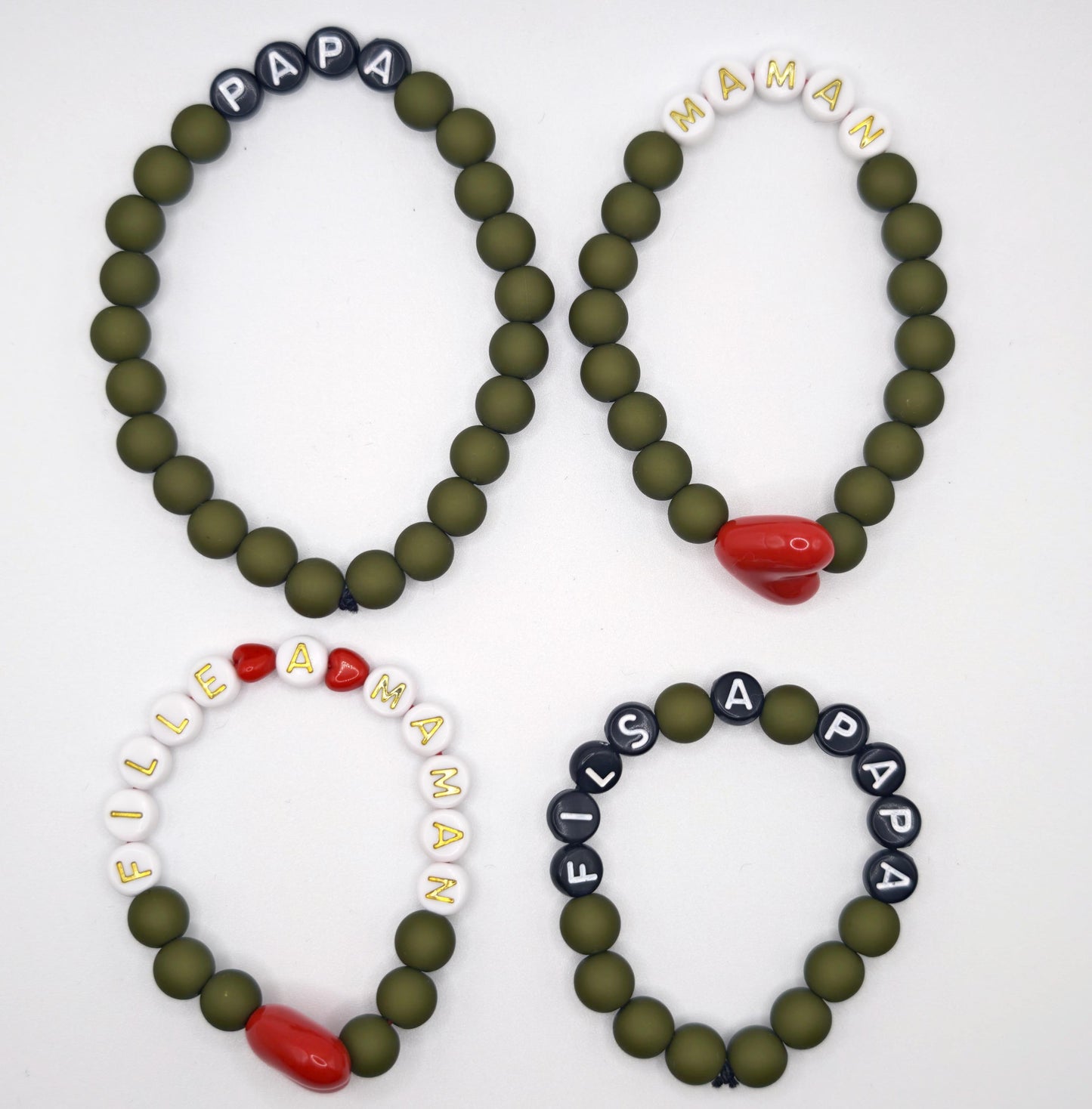 Bracelet GAGA - Kaki mat, Blanc doré & Maxi coeur Rouge