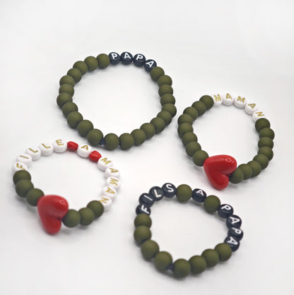 Bracelet GAGA - Kaki mat, Blanc doré & Maxi coeur Rouge