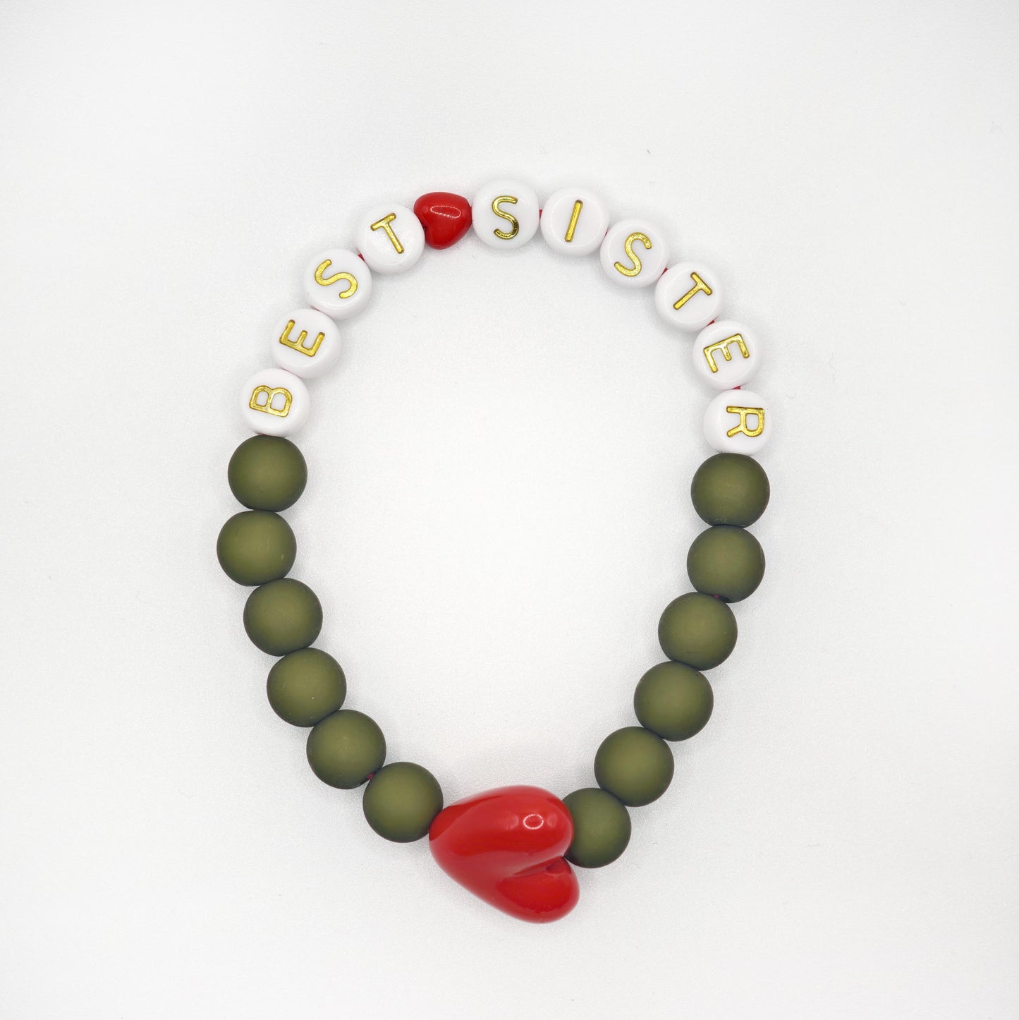 Bracelet GAGA - Kaki mat, Blanc doré & Maxi coeur Rouge