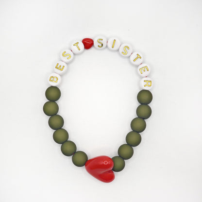 Bracelet GAGA - Kaki mat, Blanc doré & Maxi coeur Rouge