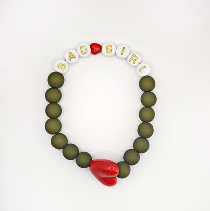 Bracelet GAGA - Kaki mat, Blanc doré & Maxi coeur Rouge