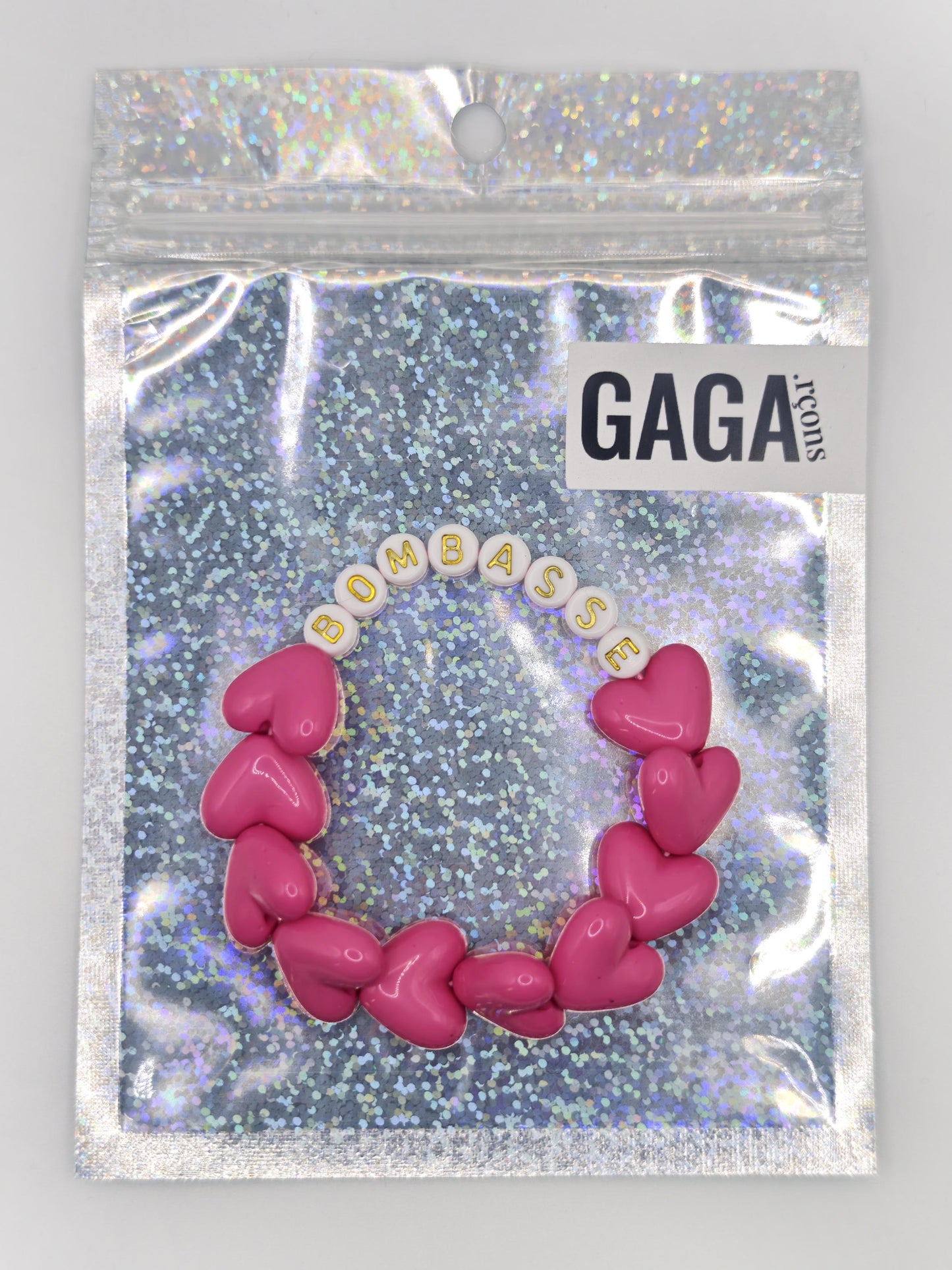 Bracelet GAGA - Full MAXI coeurs Fuchsia & Blanc doré