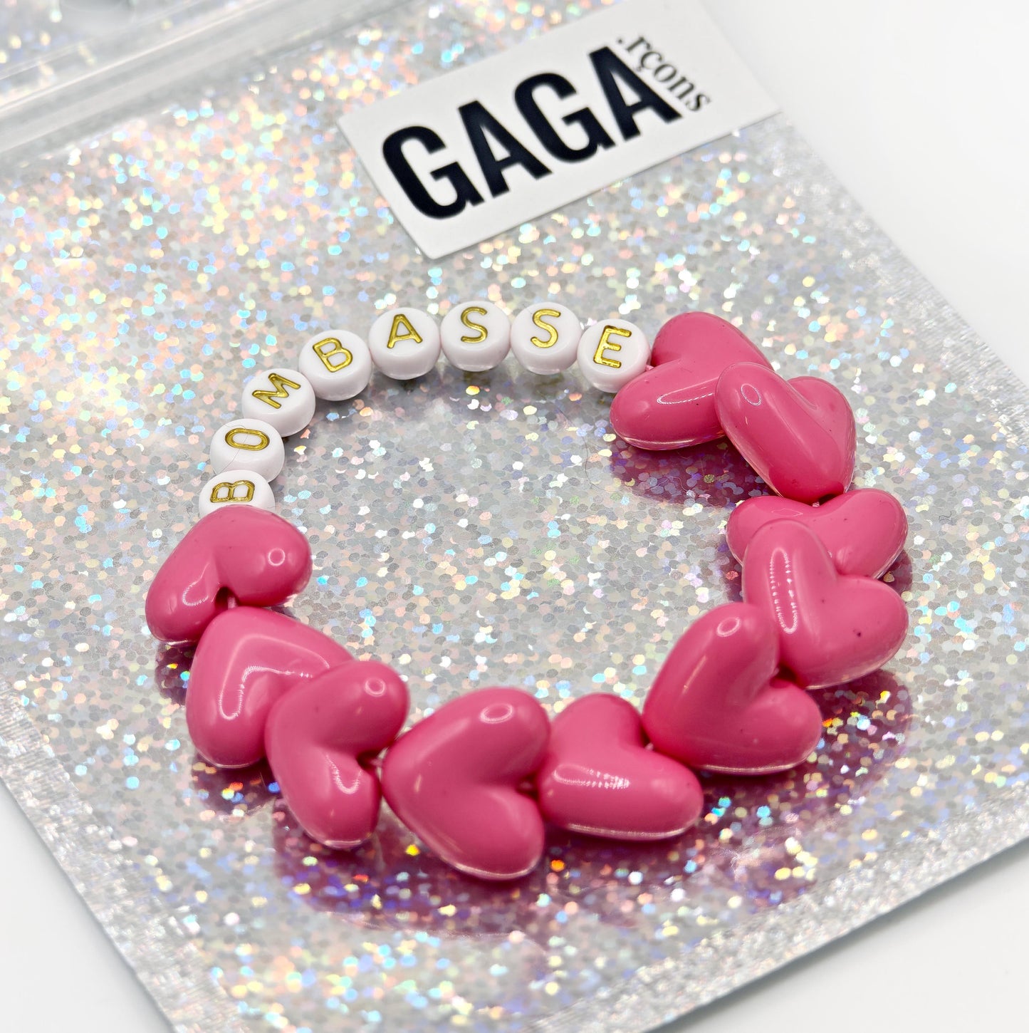 Bracelet GAGA - Full MAXI coeurs Fuchsia & Blanc doré