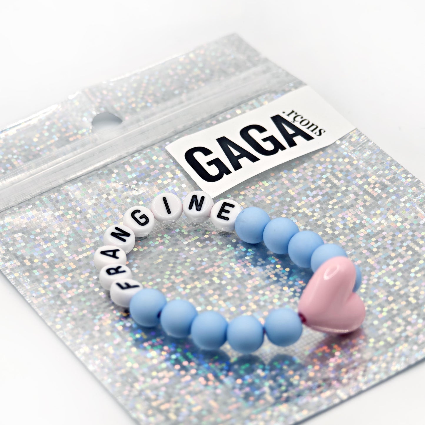 Bracelet GAGA - Bleu ciel mat, Blanc & Maxi coeur Rose