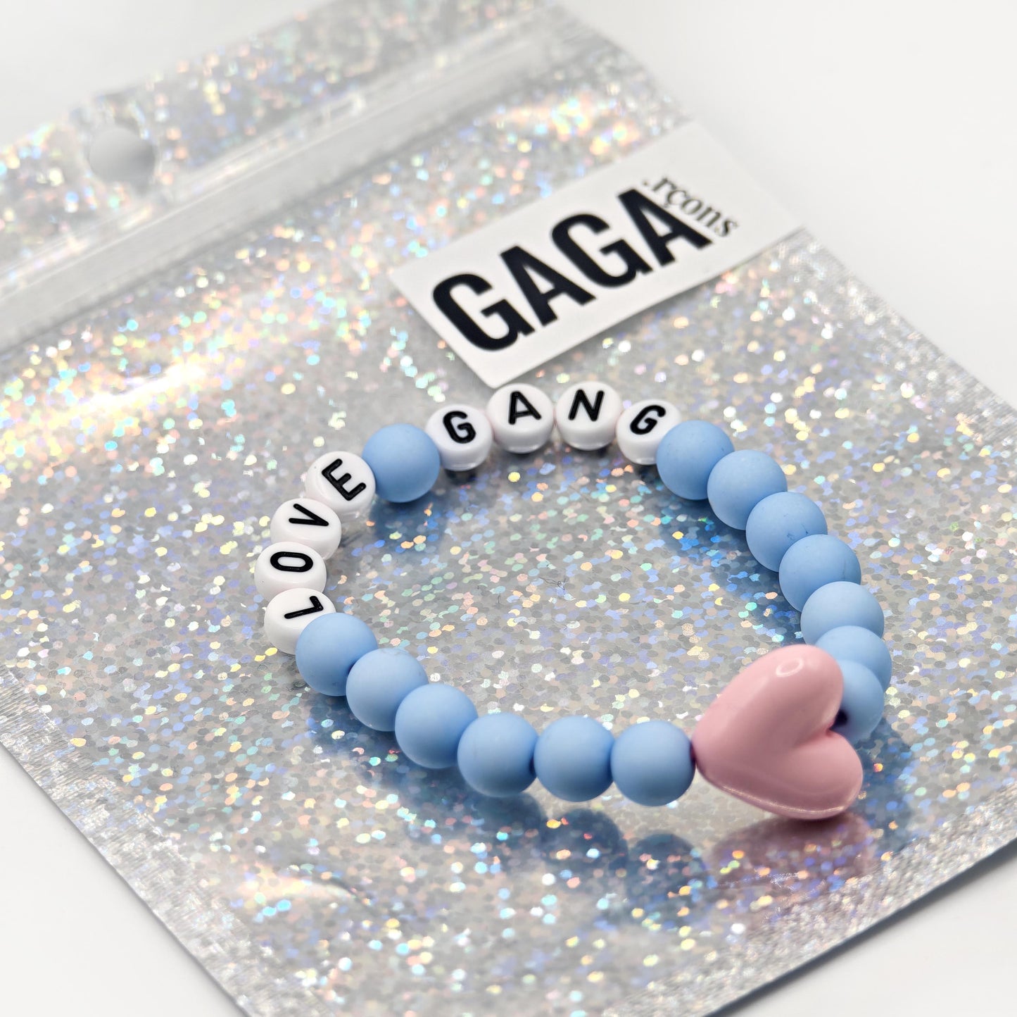 Bracelet GAGA - Bleu ciel mat, Blanc & Maxi coeur Rose