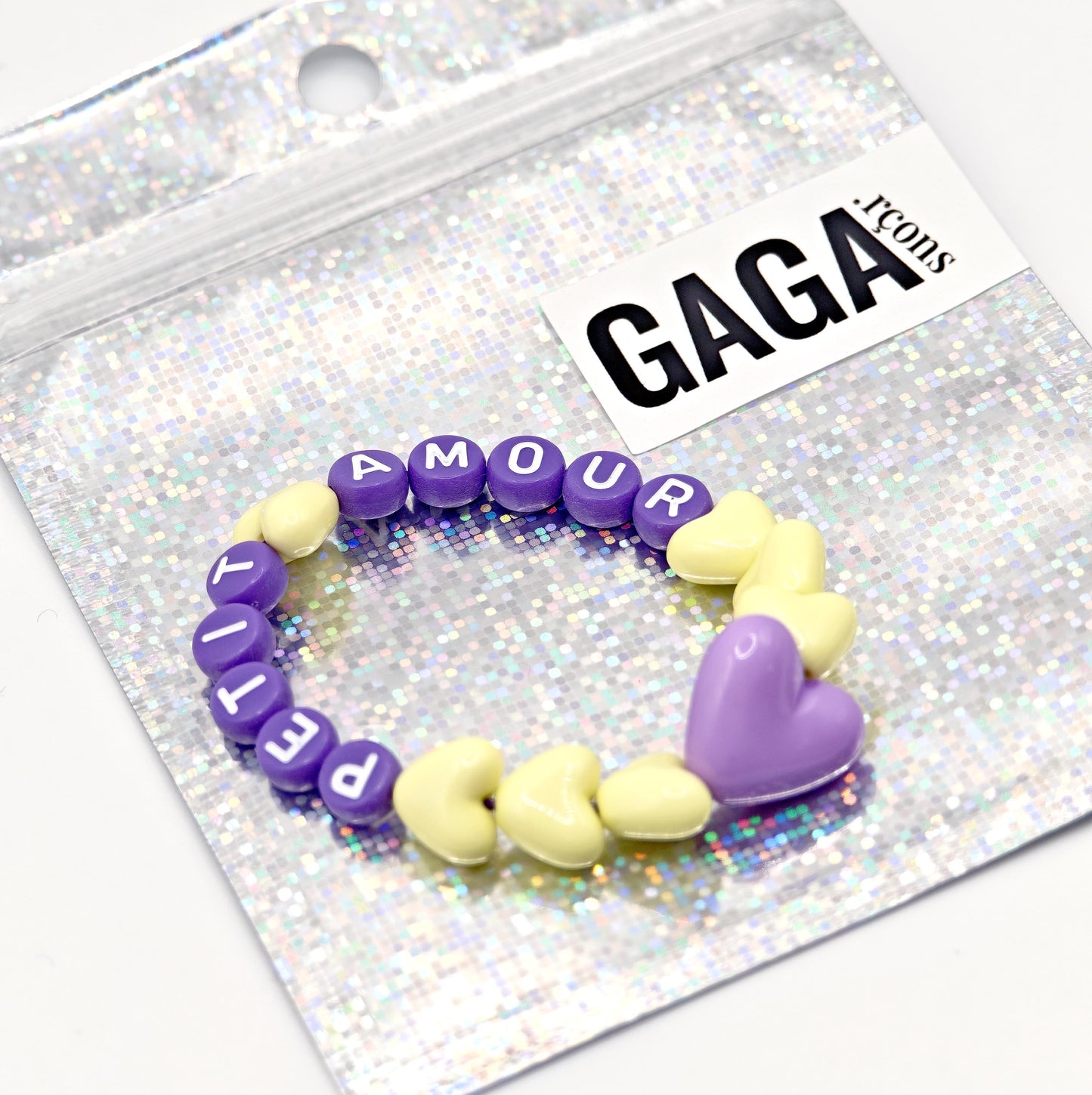 Bracelet GAGA - Jaune pâle, Violet et blanc & Maxi coeur Parme