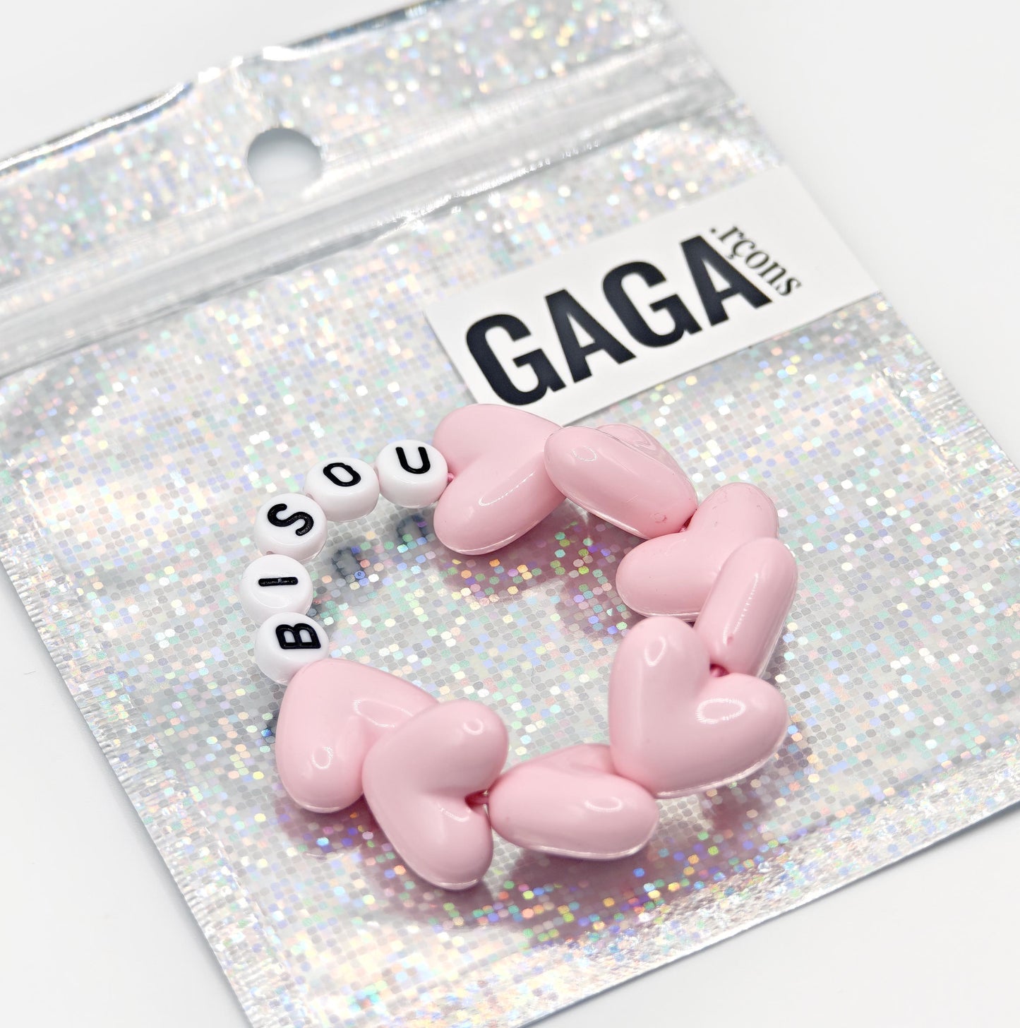 Bracelet GAGA - Maxi coeur Rose pastel & Blanc