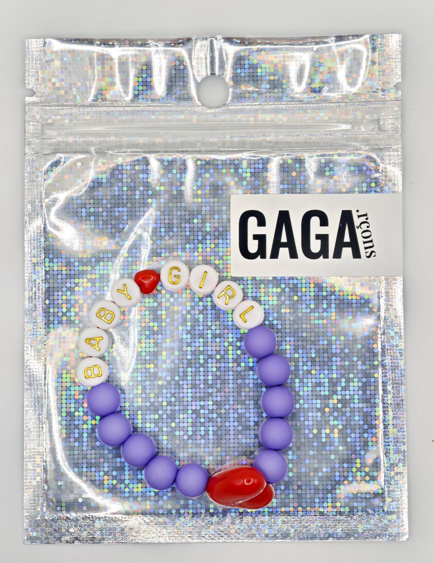 Bracelet GAGA - Violet, Blanc doré  & Maxi coeur Rouge