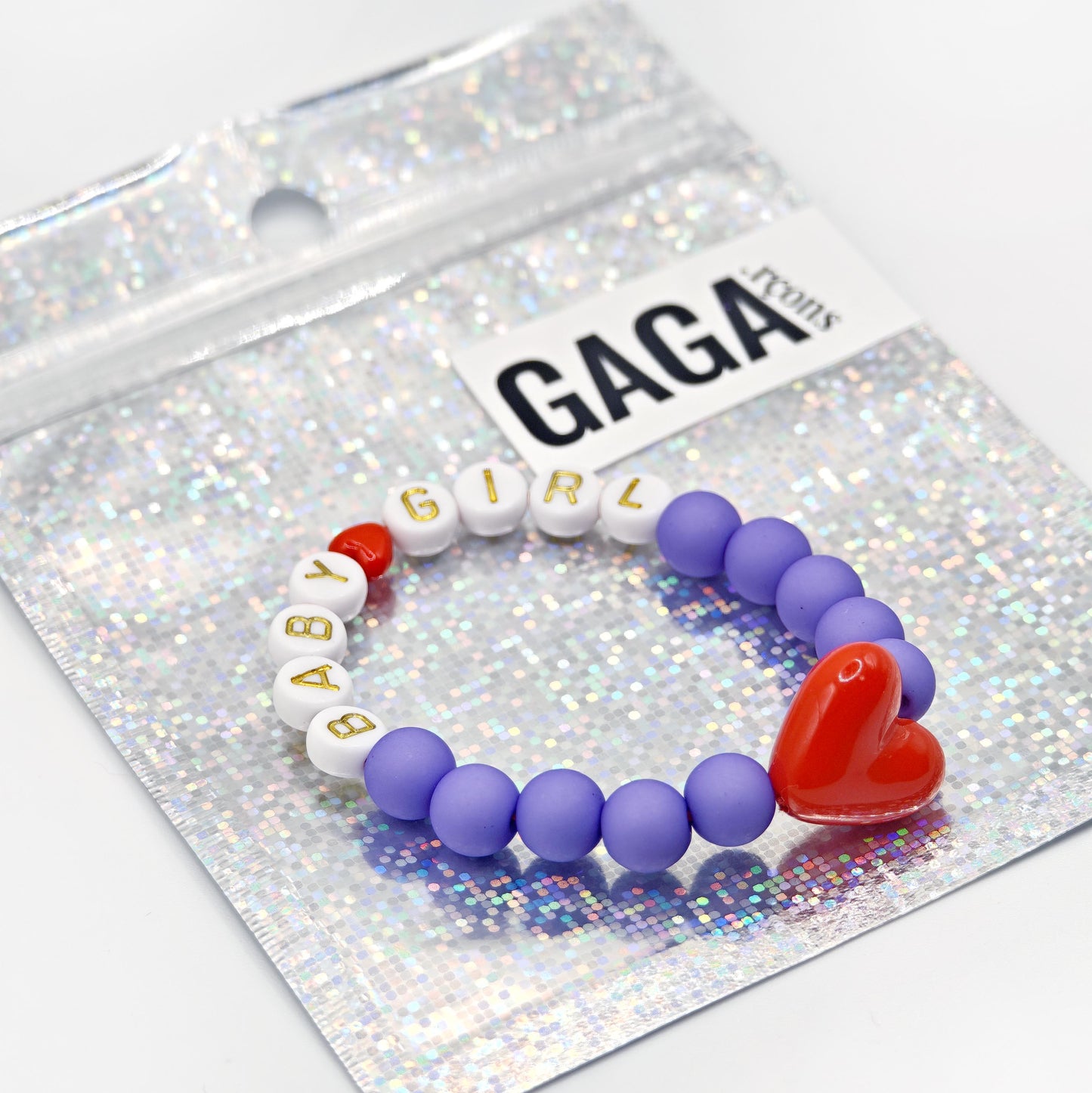 Bracelet GAGA - Violet, Blanc doré  & Maxi coeur Rouge