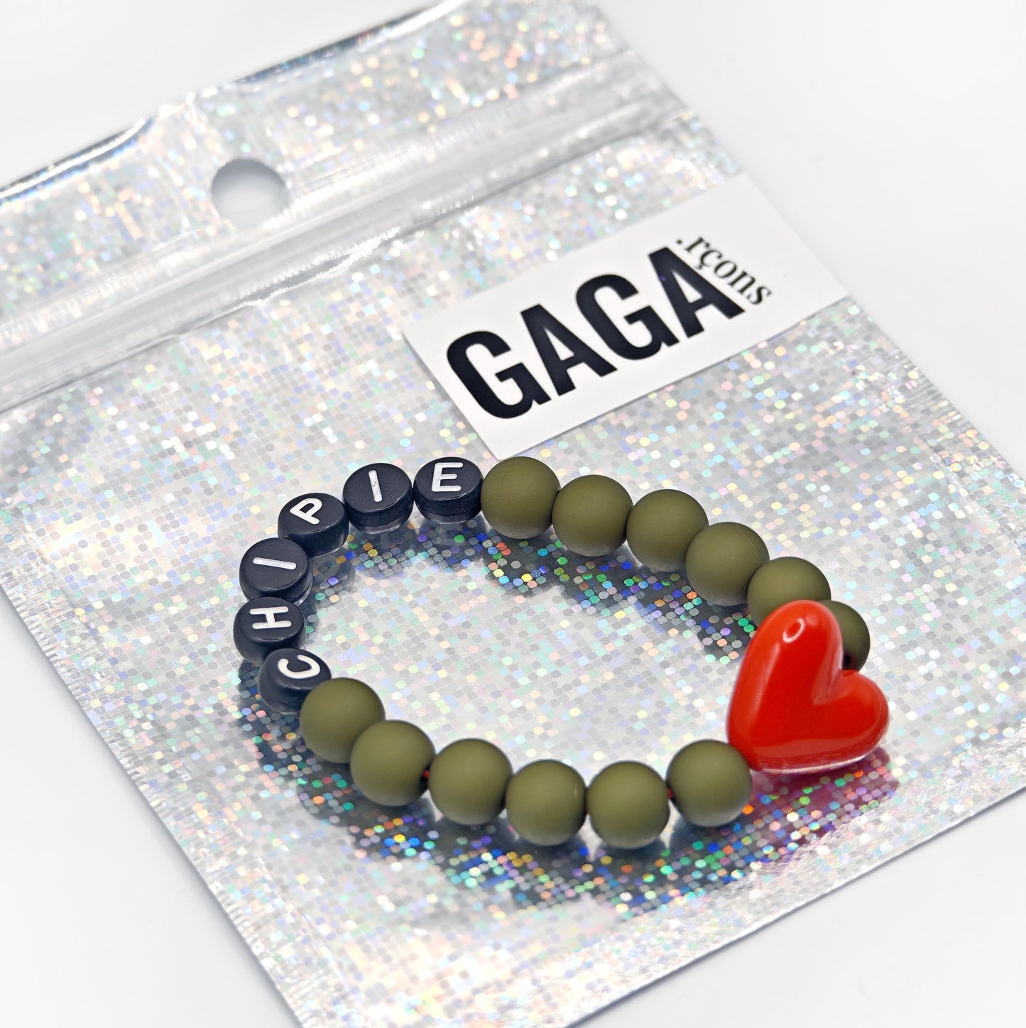 Bracelet GAGA - Kaki, Noir  & Maxi coeur Rouge