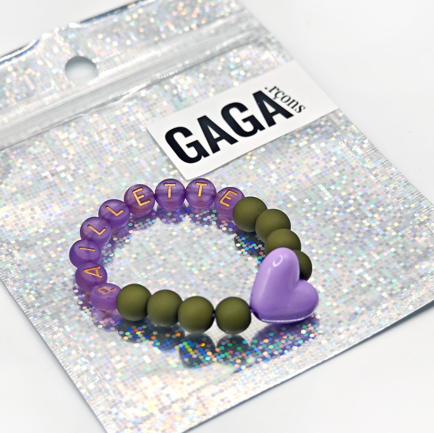 Bracelet GAGA - Kaki, Violet doré  & Maxi coeur Lila
