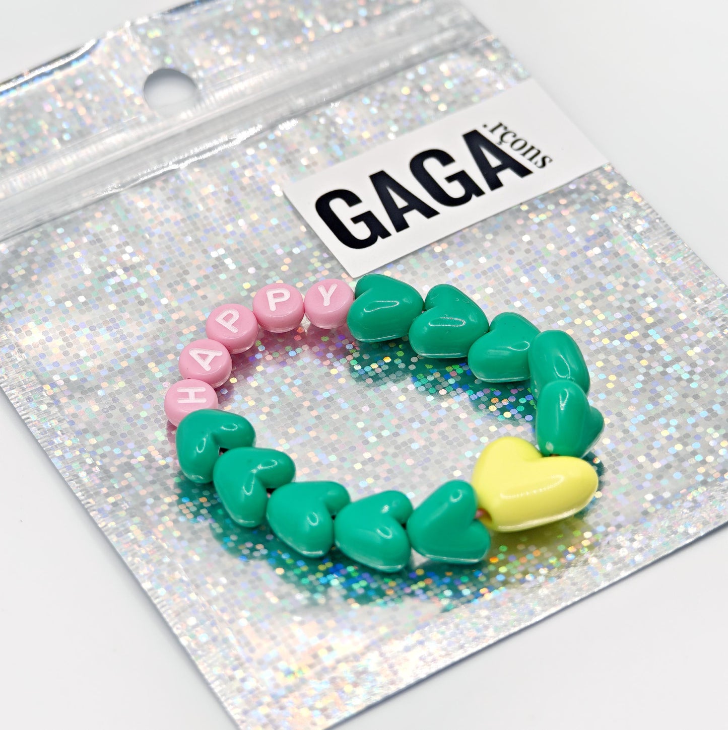Bracelet GAGA - Vert Flashy, Lait fraise  & Maxi coeur Jaune flashy