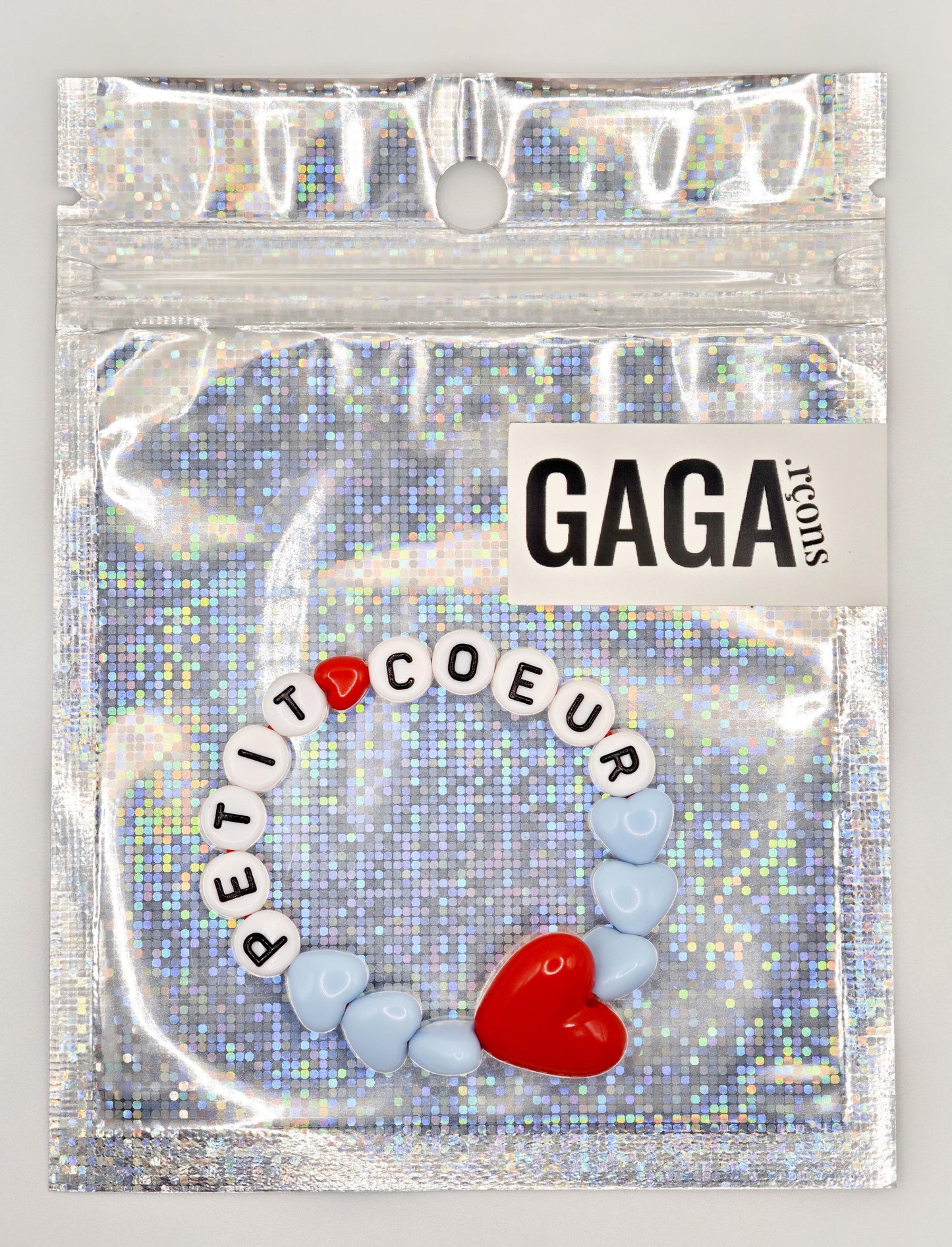 Bracelet GAGA - Bleu ciel, Blanc  & Maxi coeur Rouge