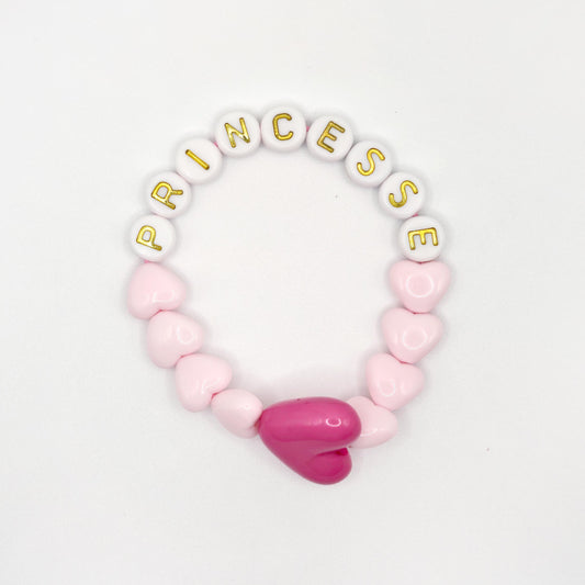 Bracelet GAGA - Rose pastel, Blanc doré  & Maxi coeur Fuchsia