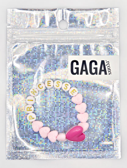 Bracelet GAGA - Rose pastel, Blanc doré  & Maxi coeur Fuchsia