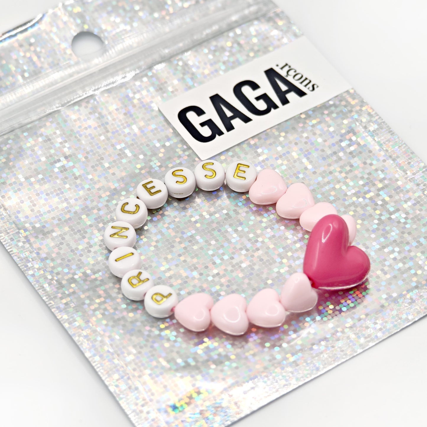 Bracelet GAGA - Rose pastel, Blanc doré  & Maxi coeur Fuchsia
