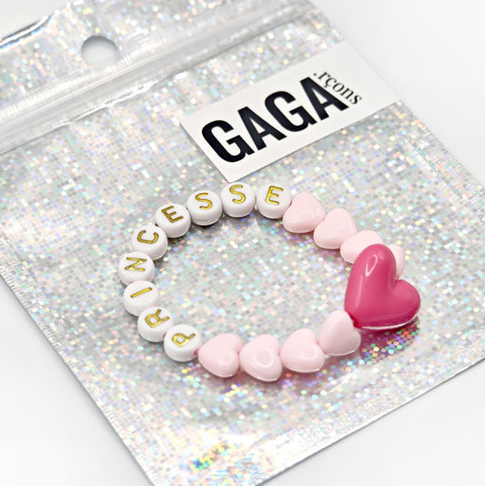 Bracelet GAGA - Rose pastel, Blanc doré  & Maxi coeur Fuchsia