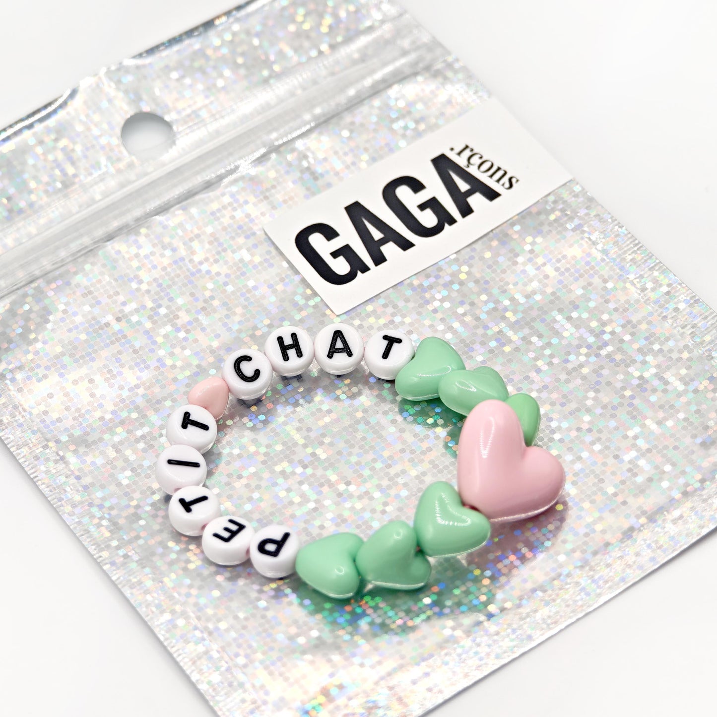 Bracelet GAGA - Vert pastel, Blanc & Maxi coeur Rose