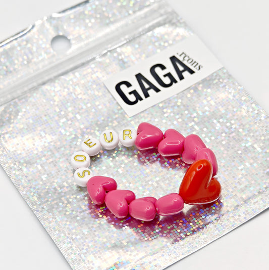 Bracelet GAGA - Fuchsia, Blanc doré & Maxi coeur Rouge