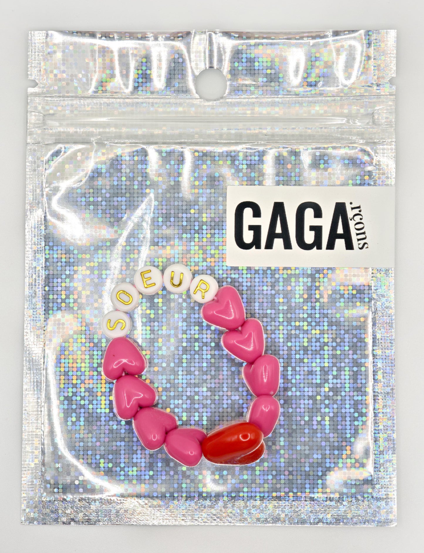 Bracelet GAGA - Fuchsia, Blanc doré & Maxi coeur Rouge