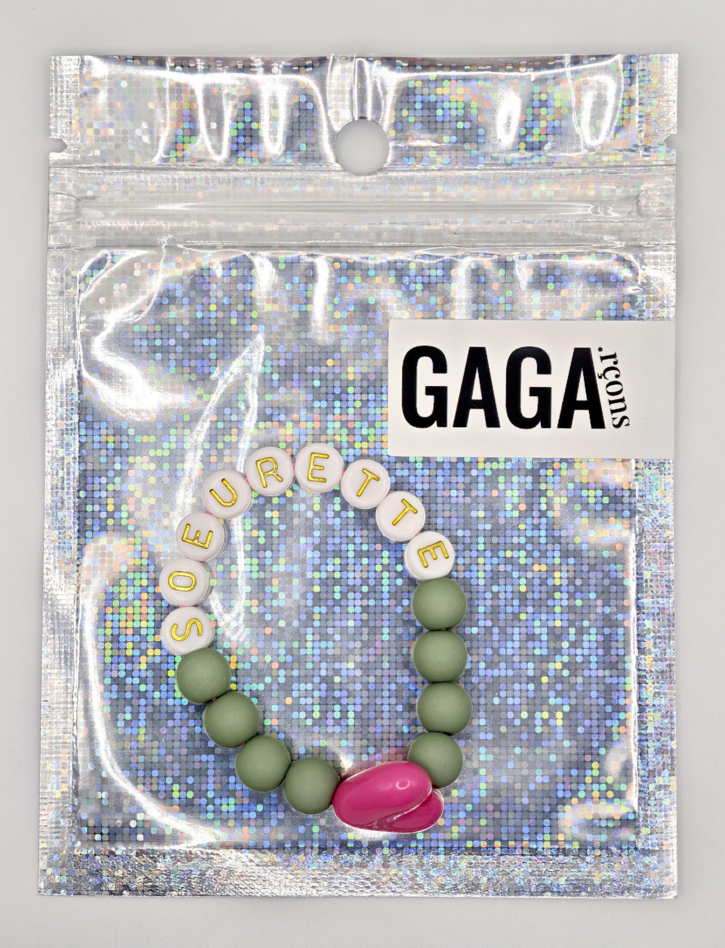 Bracelet GAGA - Matcha, Blanc doré & Maxi coeur Fuchsia