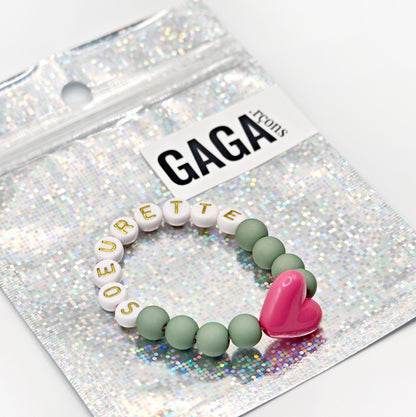 Bracelet GAGA - Matcha, Blanc doré & Maxi coeur Fuchsia