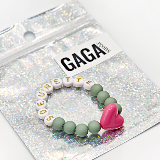 Bracelet GAGA - Matcha, Blanc doré & Maxi coeur Fuchsia