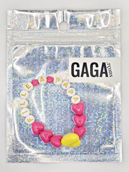 Bracelet GAGA - Fuchsia, Blanc doré & Maxi coeur Jaune