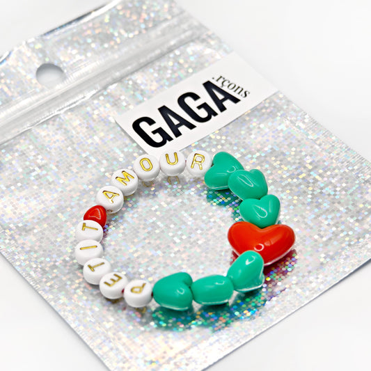 Bracelet GAGA - Vert flashy, Blanc doré & Maxi coeur Rouge