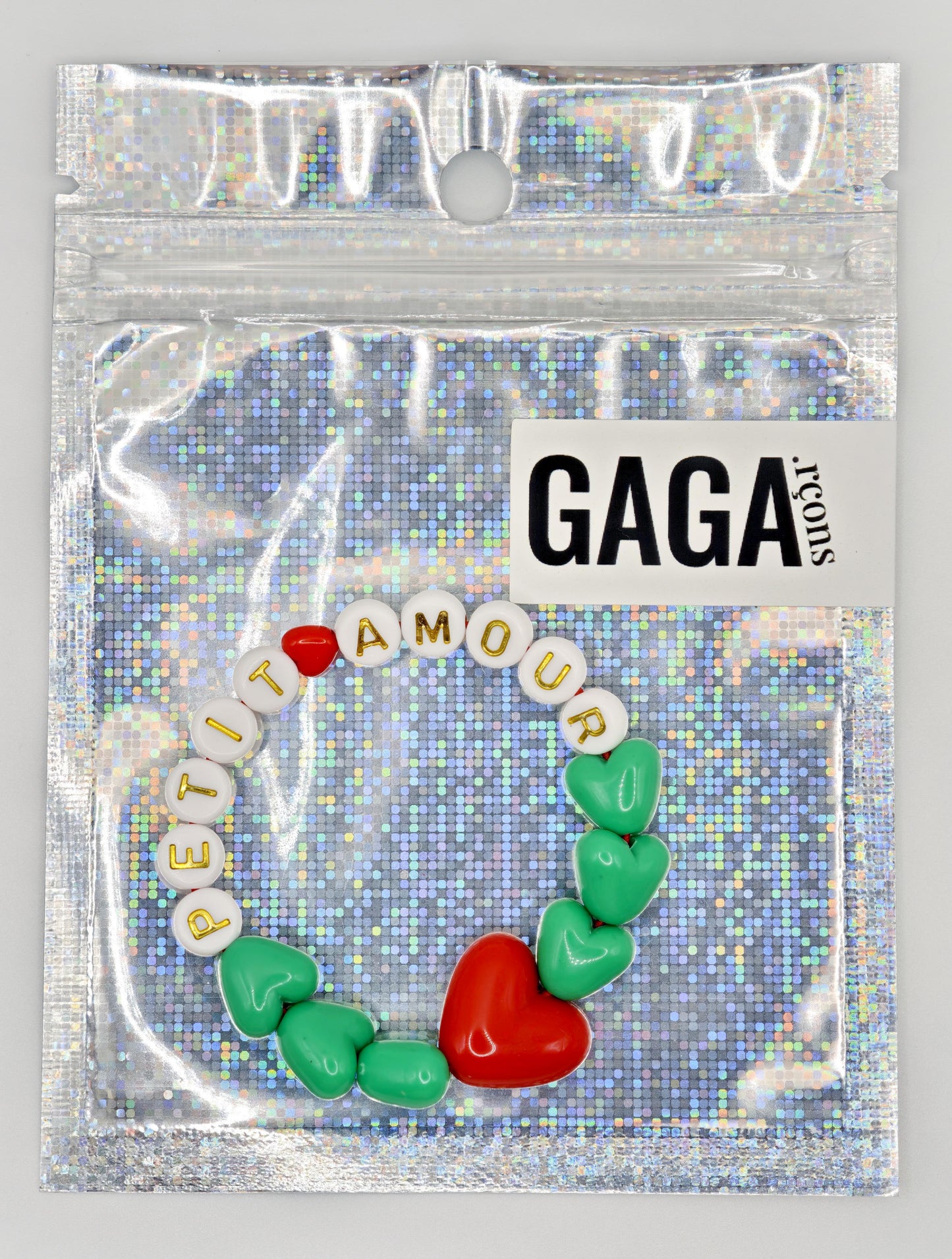 Bracelet GAGA - Vert flashy, Blanc doré & Maxi coeur Rouge