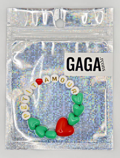 Bracelet GAGA - Vert flashy, Blanc doré & Maxi coeur Rouge