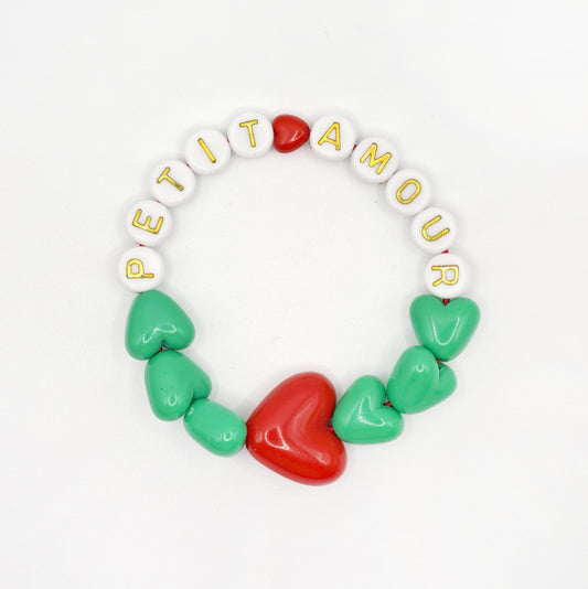 Bracelet GAGA - Vert flashy, Blanc doré & Maxi coeur Rouge