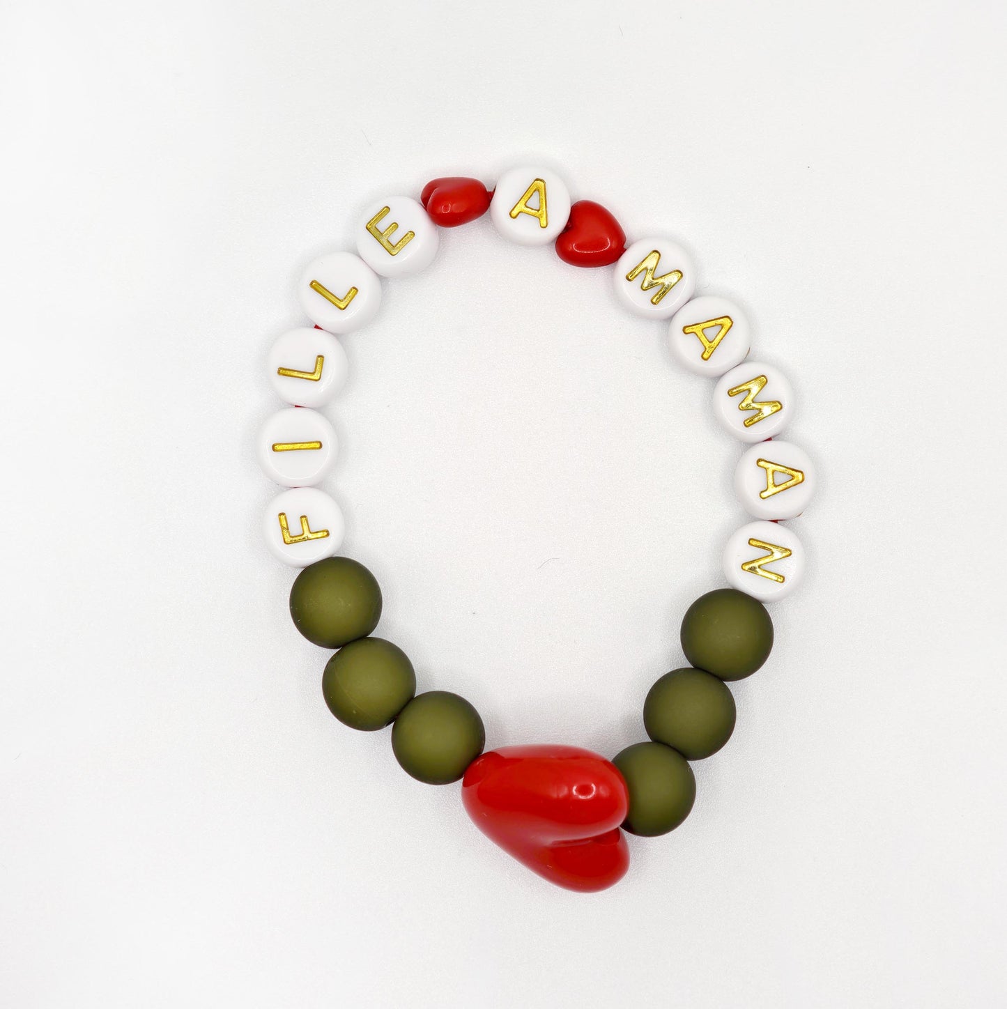 Bracelet GAGA - Kaki, Blanc doré & Maxi coeur Rouge