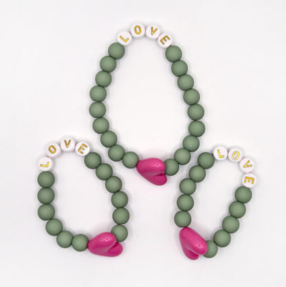TRIo de Bracelets - Matcha, Blanc doré & Maxi coeur Fuchsia (1 adulte + 2 enfants)