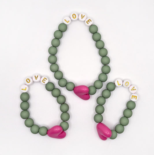TRIo de Bracelets - Matcha, Blanc doré & Maxi coeur Fuchsia (1 adulte + 2 enfants)