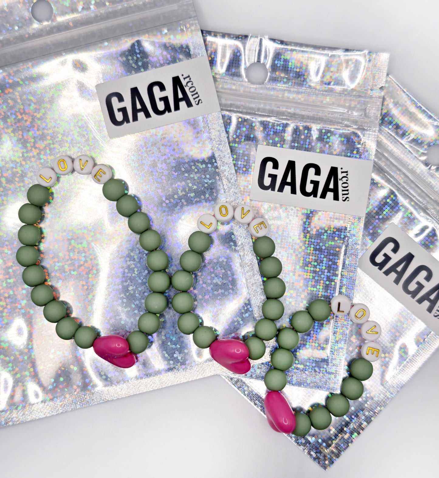 TRIo de Bracelets - Matcha, Blanc doré & Maxi coeur Fuchsia (1 adulte + 2 enfants)