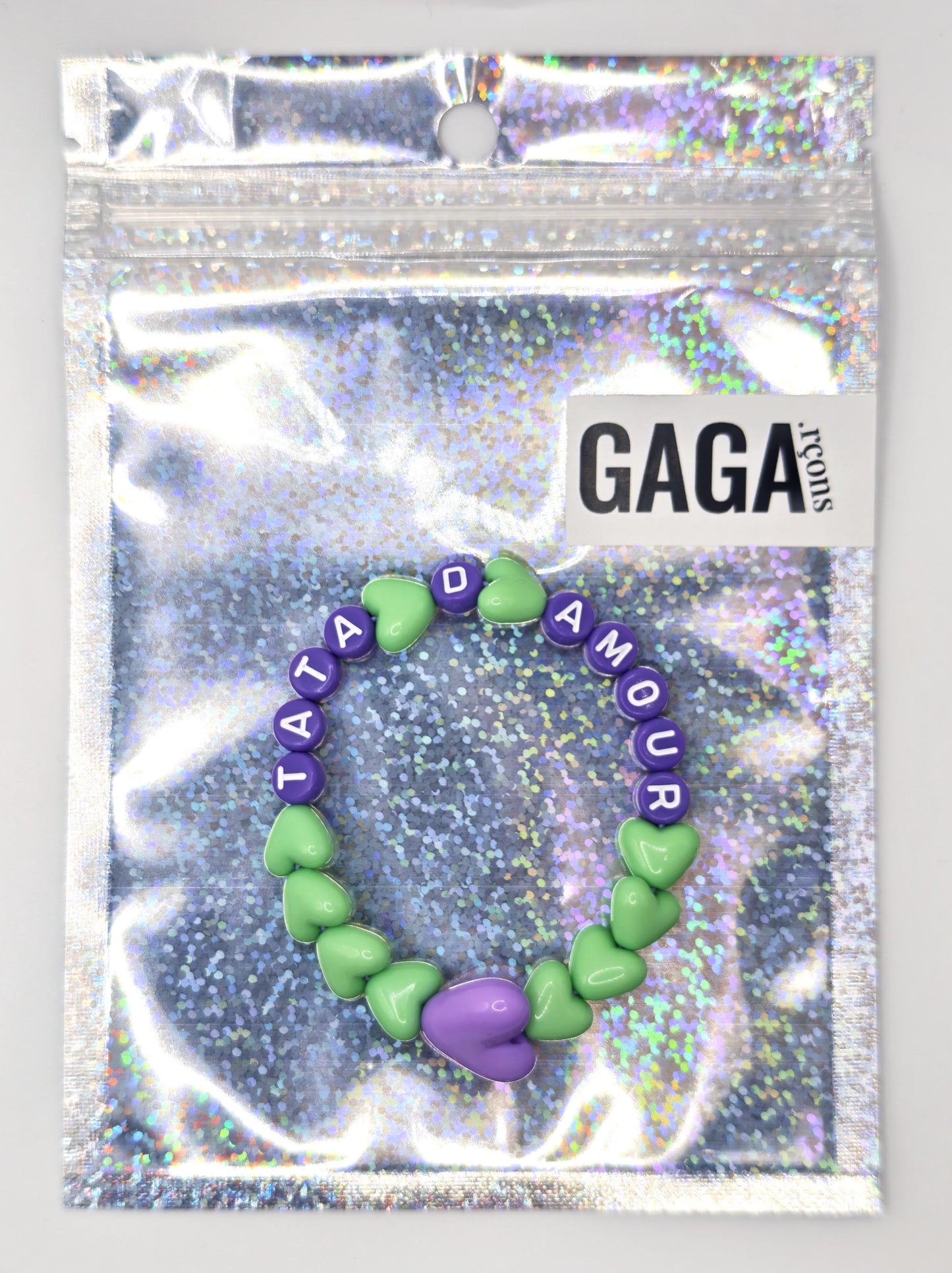 Bracelet GAGA - Vert pastel & Violet & Maxi coeur Violet