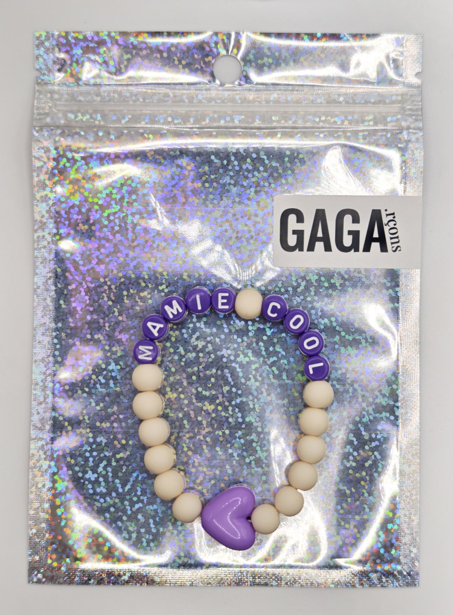 Bracelet GAGA - Ivoire mat & Violet & Maxi coeur Violet