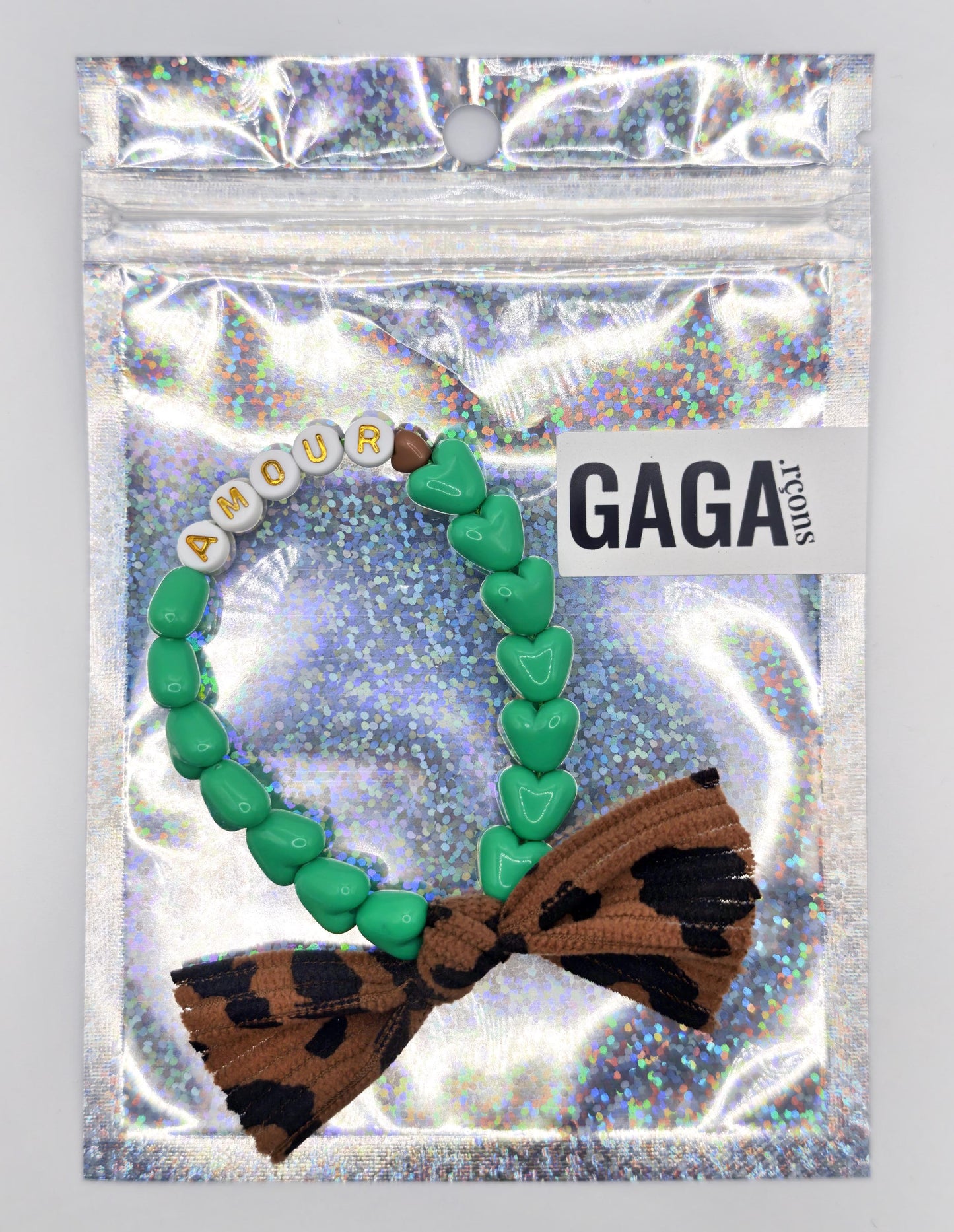 Bracelet GAGA - Vert flashy, Blanc Doré, 🤎 & Maxi Noeud Léopard