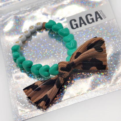 Bracelet GAGA - Vert flashy, Blanc Doré, 🤎 & Maxi Noeud Léopard