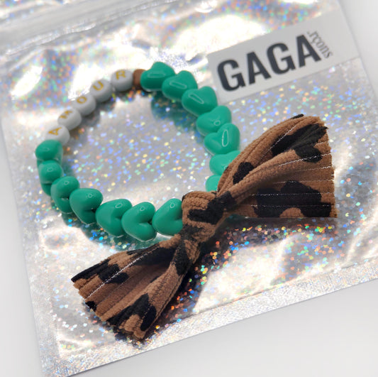 Bracelet GAGA - Vert flashy, Blanc Doré, 🤎 & Maxi Noeud Léopard