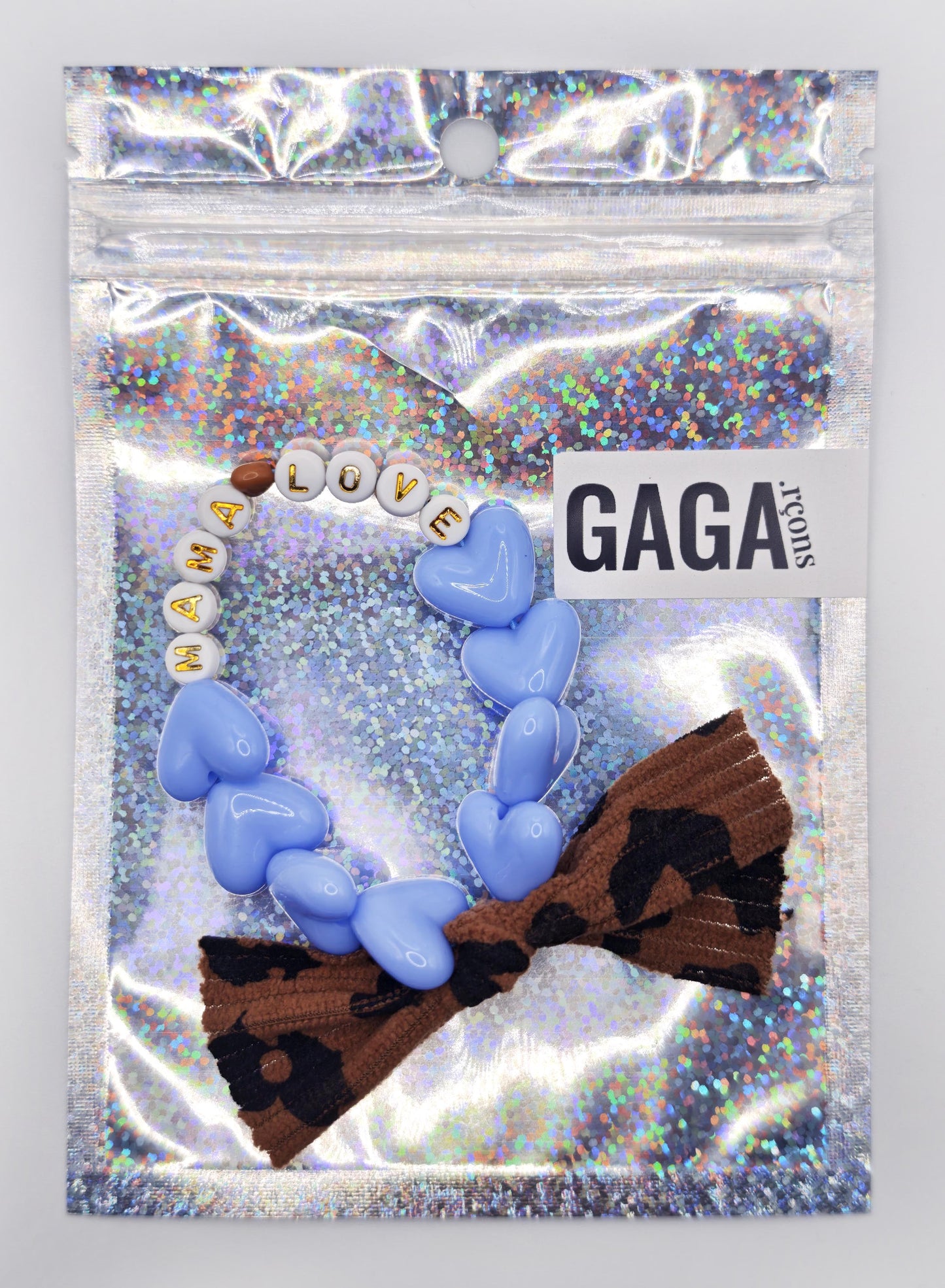 Bracelet GAGA - Bleu ciel, Blanc Doré, 🤎 & Maxi Noeud Léopard