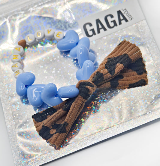 Bracelet GAGA - Bleu ciel, Blanc Doré, 🤎 & Maxi Noeud Léopard