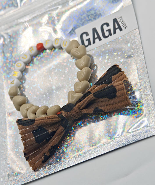 Bracelet GAGA - Café au lait, Blanc Doré, ❤️ & Maxi Noeud Léopard