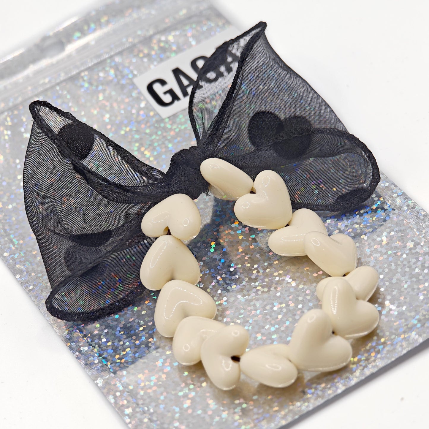 Bracelet GAGA - Only Beige & Maxi noeud Noir à Pois