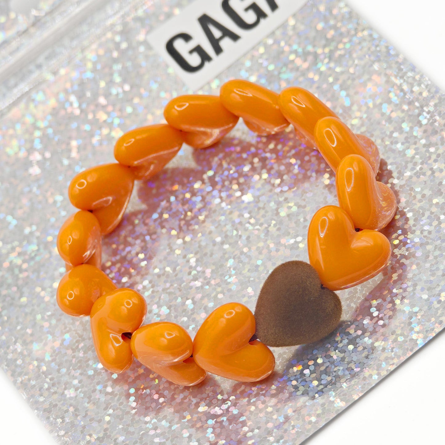 Bracelet GAGA - Only Orange & Coeur Velours Marron